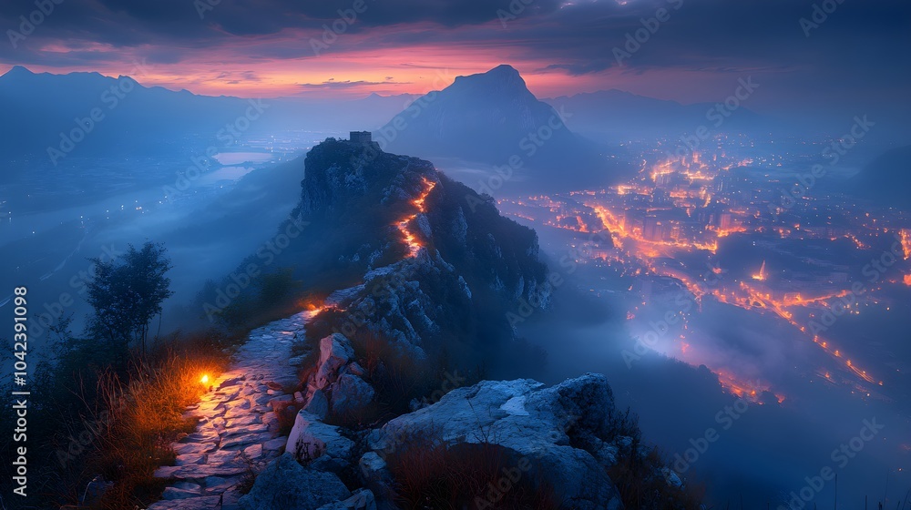 Fototapeta premium Mountain shrouded in twilight mist, glowing pathways guiding upwards, urban skyline dramatically lit beneath a serene but powerful night sky