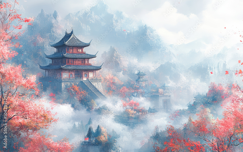 Obraz premium Traditional Chinese style of minimalist landscape painting art background 