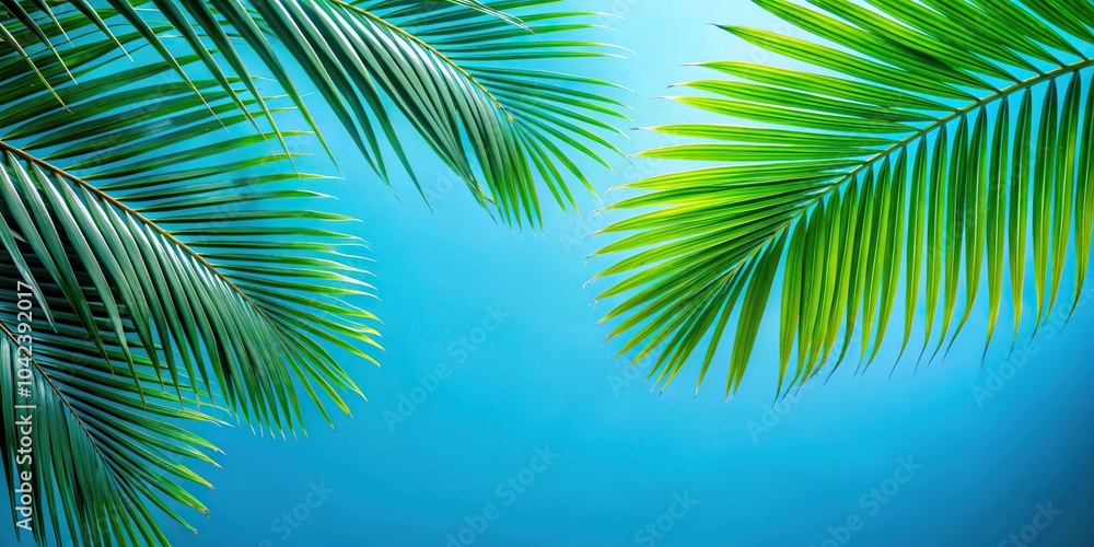 Naklejka premium Refreshing blue background with detailed macro shot of palm tree leaves