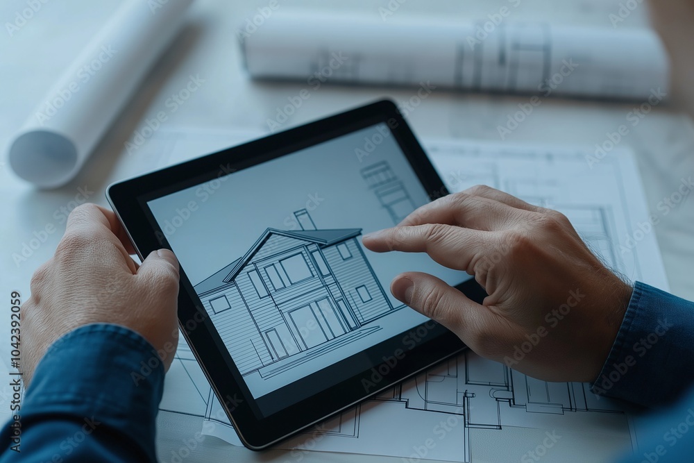 Architect using tablet to view house plans, integrating technology with ...
