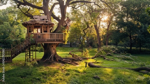 Sunlit treehouse built around a sturdy tree, offering a whimsical escape within a lush green park setting.