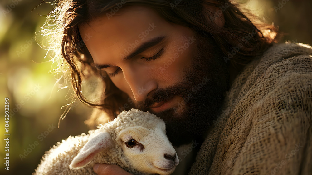 A serene figure cradles a lamb in a peaceful outdoor setting. A serene figure cradles a lamb in a peaceful outdoor setting.