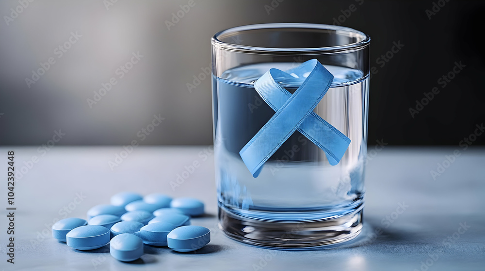 Blue Ribbon in Glass of Water with Pills: A Symbol of Hope and Healing Blue Ribbon in Glass of Water with Pills: A Symbol of Hope and Healing