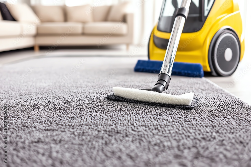 Close-up of a vacuum cleaner on a grey carpet, emphasizing cleanliness and modern home care. Bright yellow vacuum in a cozy living room. Close-up of a vacuum cleaner on a grey carpet, emphasizing cleanliness and modern home care. Bright yellow vacuum in a cozy living room.