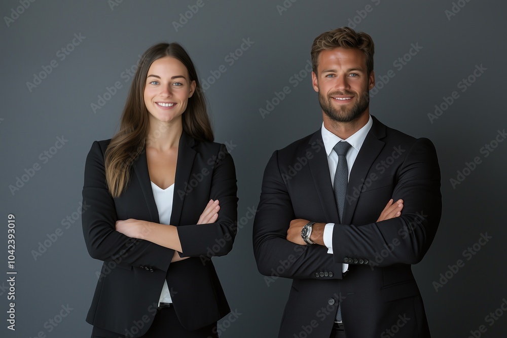 Confident business professionals standing with folded arms, wearing formal attire in a studio setting, showcasing teamwork and leadership. Confident business professionals standing with folded arms, wearing formal attire in a studio setting, showcasing teamwork and leadership.