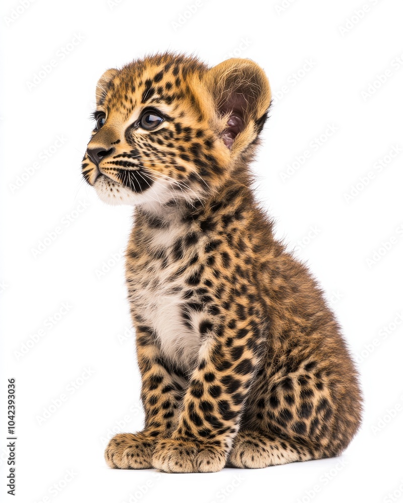 Obraz premium Mystic portrait of baby African Leopard, copy space on right side, Headshot, Close-up View, isolated on white background