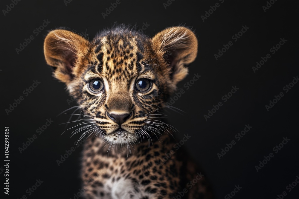 Obraz premium Mystic portrait of baby African Leopard in studio, copy space on right side, Headshot, Close-up View, isolated on black background
