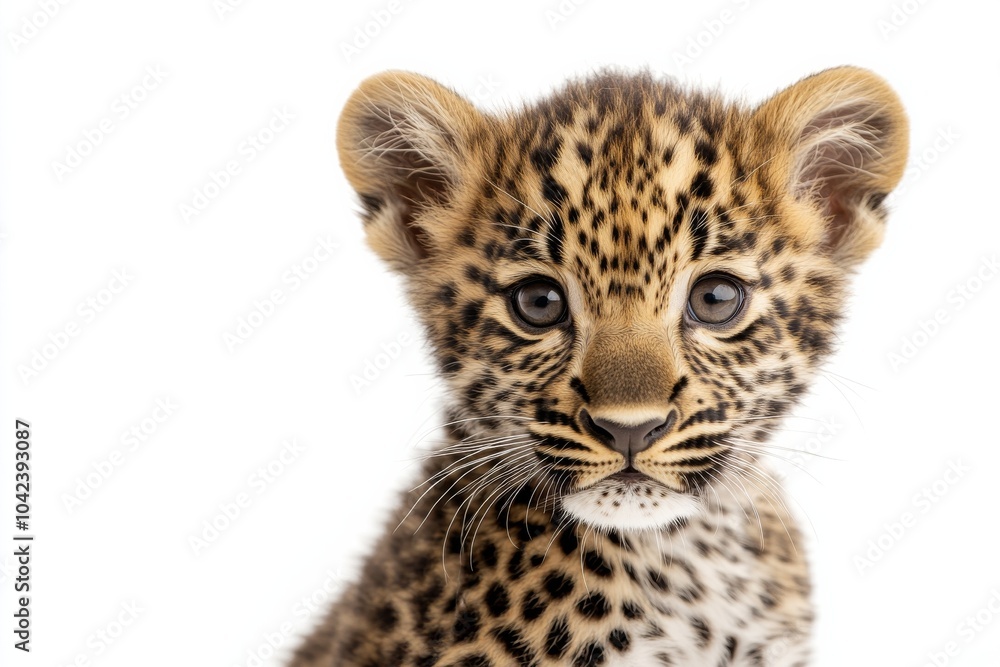 Mystic portrait of baby African Leopard in studio, copy space on right side, Headshot, Close-up View, isolated on white background Mystic portrait of baby African Leopard in studio, copy space on right side, Headshot, Close-up View, isolated on white background