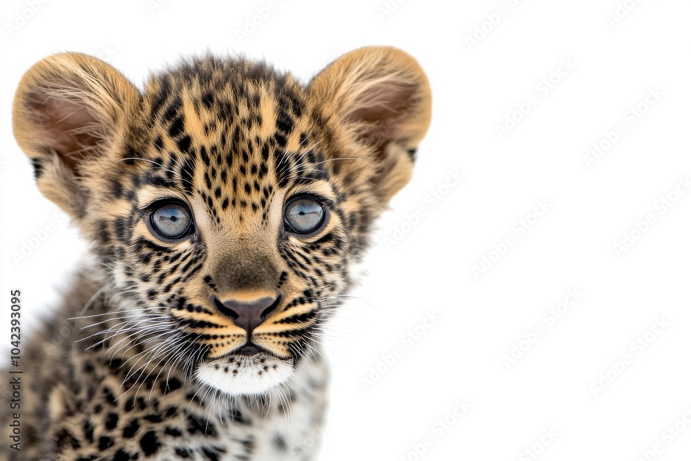 Mystic portrait of baby African Leopard in studio, copy space on right side, Headshot, Close-up View, isolated on white background Mystic portrait of baby African Leopard in studio, copy space on right side, Headshot, Close-up View, isolated on white background