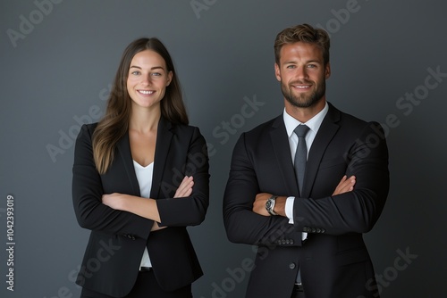 Confident business professionals standing with folded arms, wearing formal attire in a studio setting, showcasing teamwork and leadership.