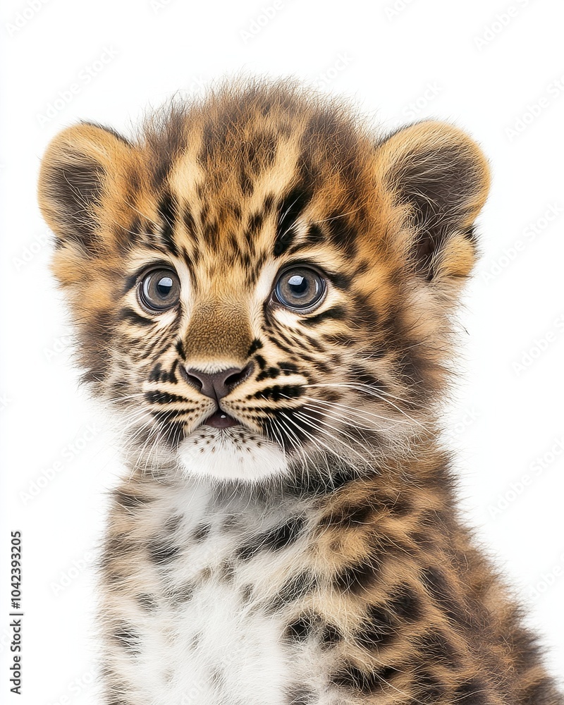 Mystic portrait of baby Amur Leopard, copy space on right side, Headshot, Close-up View, isolated on white background Mystic portrait of baby Amur Leopard, copy space on right side, Headshot, Close-up View, isolated on white background