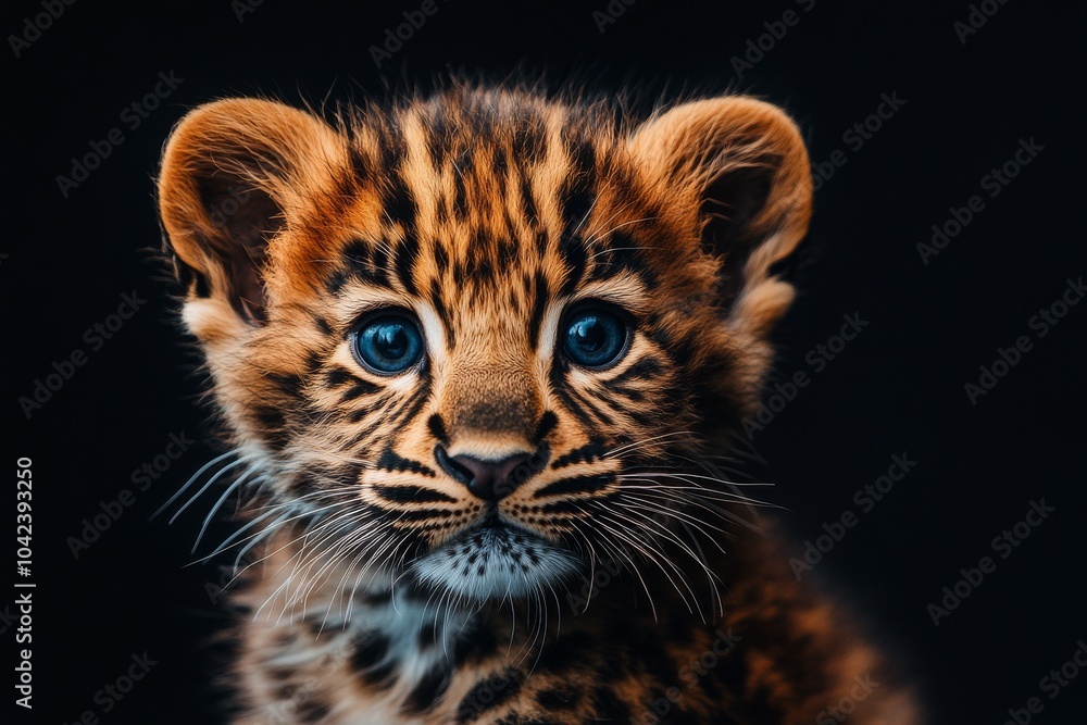 Fototapeta premium Mystic portrait of baby Amur Leopard in studio, copy space on right side, Headshot, Close-up View, isolated on black background