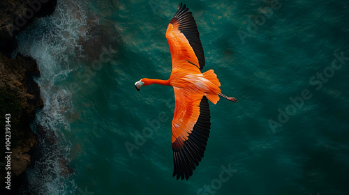 A vibrant flamingo soaring ...
