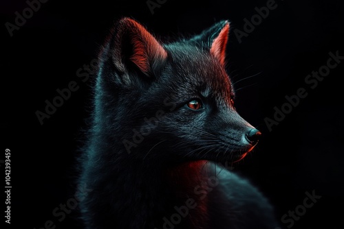 Mystic portrait of baby Arctic Fox in studio, copy space on right side, Headshot, Close-up View, isolated on black background