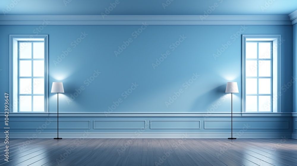 Empty blue room with two windows, floor lamps and wood floor. Empty blue room with two windows, floor lamps and wood floor.