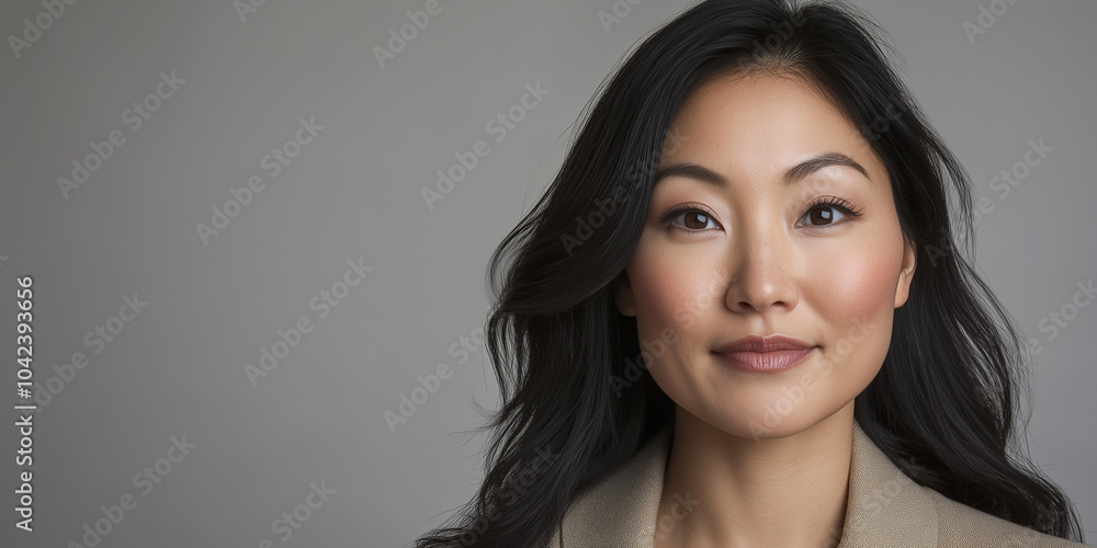 Confident Portrait of a Young Woman with Long Dark Hair Against a Neutral Background Confident Portrait of a Young Woman with Long Dark Hair Against a Neutral Background