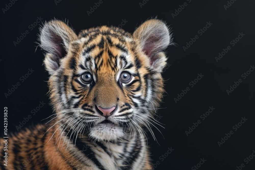 Obraz premium Mystic portrait of baby Bengal Tiger in studio, copy space on right side, Anger, Menacing, Headshot, Close-up View, isolated on black background