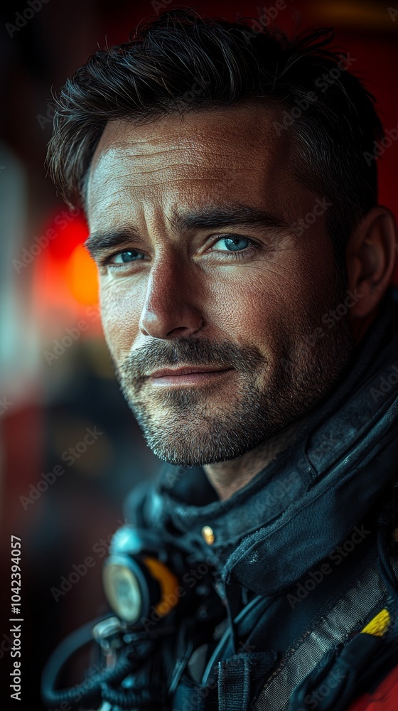 Fototapeta premium Person with a confident expression is wearing a dark jacket, possibly in a firefighter’s gear, in soft lighting