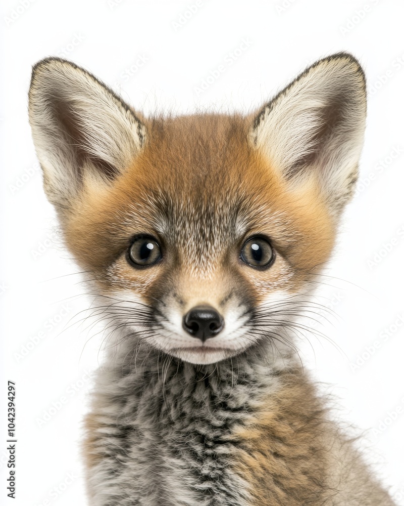 Mystic portrait of baby Gray Fox, copy space on right side, Headshot, Close-up View, isolated on white background Mystic portrait of baby Gray Fox, copy space on right side, Headshot, Close-up View, isolated on white background