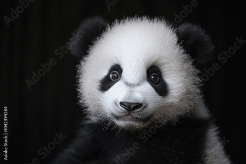 Mystic portrait of baby Giant Panda in studio, copy space on right side, Headshot, Close-up View, isolated on black background