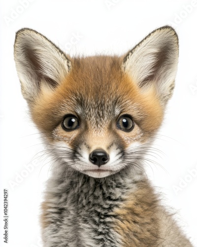 Mystic portrait of baby Gray Fox, copy space on right side, Headshot, Close-up View, isolated on white background