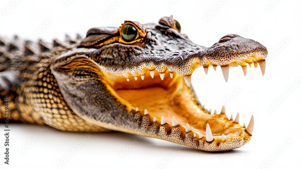 Fototapeta premium Close-up of a crocodile with its mouth open wide, sharp teeth visible, isolated on a clean white background. wildlife crocodile, focus on detail