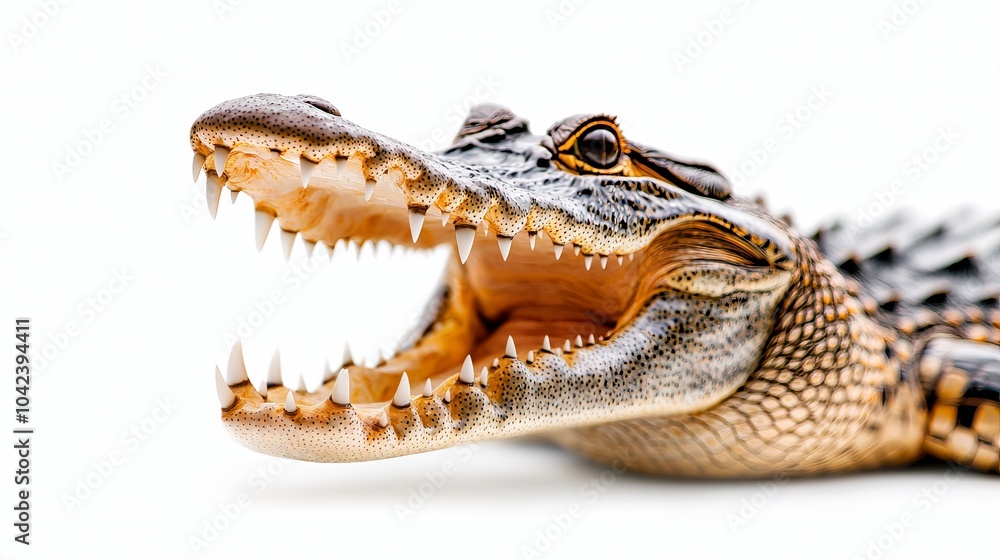Obraz premium Close-up of a crocodile with its mouth open wide, sharp teeth visible, isolated on a clean white background. wildlife crocodile, focus on detail