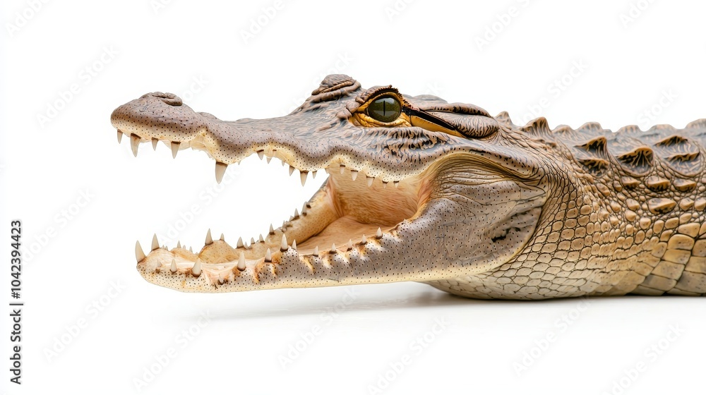 Obraz premium Close-up of a crocodile's open mouth, highlighting the ferocity in its eyes and rough skin, perfectly isolated on a white background, natural colors