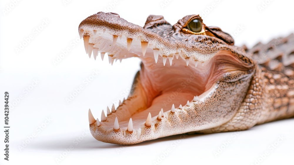 Obraz premium Close-up of a crocodile's open mouth, highlighting the ferocity in its eyes and rough skin, perfectly isolated on a white background, natural colors