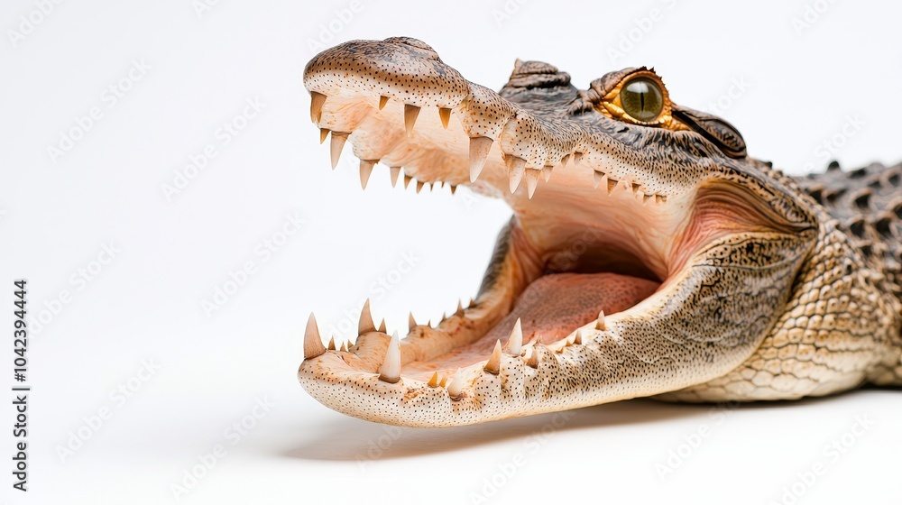 Obraz premium Close-up of a crocodile's open mouth, highlighting the ferocity in its eyes and rough skin, perfectly isolated on a white background, natural colors