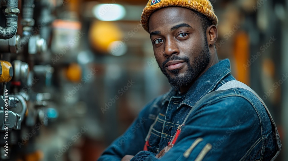 Fototapeta premium Person wearing denim overalls and a yellow beanie stands confidently in an industrial setting with machinery and pipes