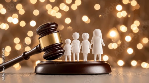 Close-up of a family figurine standing beside a gavel, symbolizing legal protection for families, court decision concept