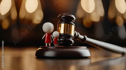 Close-up of a family figurine standing beside a gavel, symbolizing legal protection for families, court decision concept photo