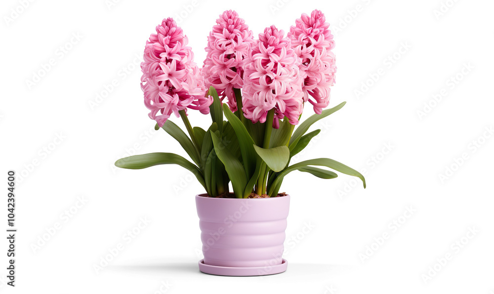 Obraz premium Pink Hyacinth flowers in a white pot isolated on a transparent background.