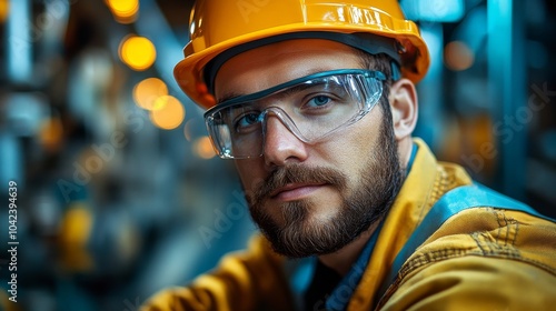 Bearded worker wearing a yellow hard hat and protective goggles, standing in an industrial setting with lights