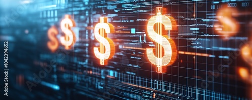 Glowing digital dollar symbols on a futuristic virtual screen, representing financial technology and online investments.