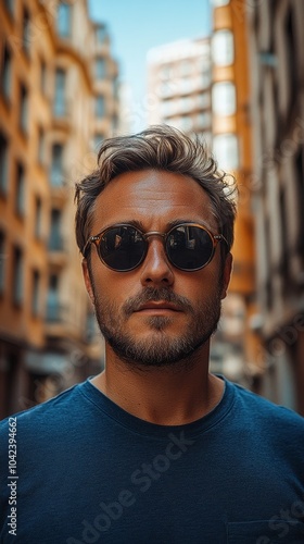 Man with sunglasses and a beard is standing on a city street, surrounded by tall buildings on a sunny day