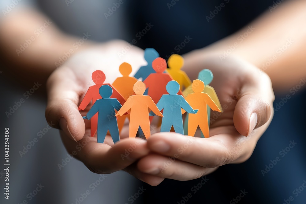 Hands holding colorful paper cutout people, symbolizing unity, teamwork, and community in a diverse and inclusive environment.
