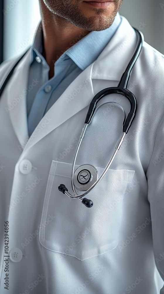 Person wearing a white lab coat and stethoscope over a blue shirt, appearing professional Person wearing a white lab coat and stethoscope over a blue shirt, appearing professional