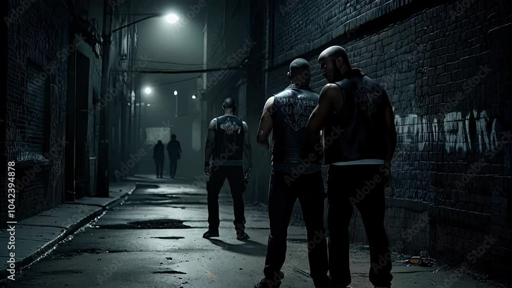 Three tough gangsters walking confidently through dark city alleys at night, evoking a gritty film noir atmosphere with shadows and danger Three tough gangsters walking confidently through dark city alleys at night, evoking a gritty film noir atmosphere with shadows and danger