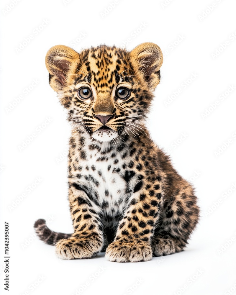 Obraz premium Mystic portrait of baby Indian Leopard, copy space on right side, Headshot, Close-up View, isolated on white background