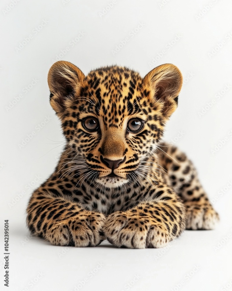 Obraz premium Mystic portrait of baby Indian Leopard, copy space on right side, Headshot, Close-up View, isolated on white background
