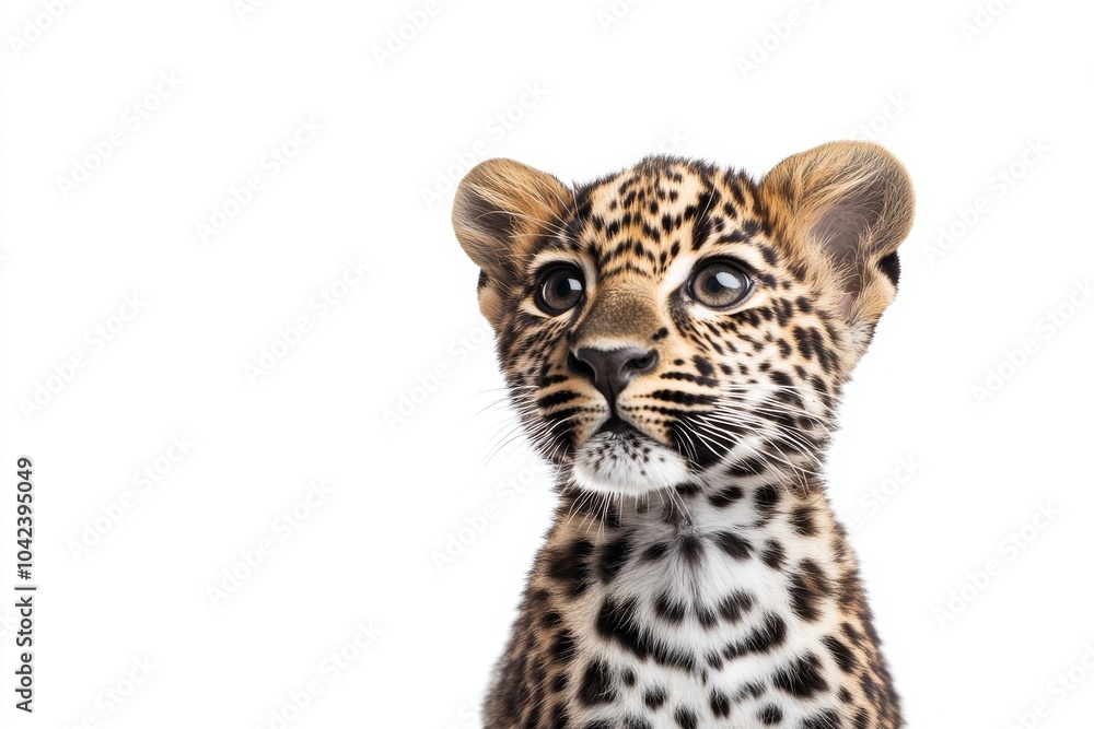 Mystic portrait of baby Indian Leopard in studio, copy space on right side, Headshot, Close-up View, isolated on white background Mystic portrait of baby Indian Leopard in studio, copy space on right side, Headshot, Close-up View, isolated on white background