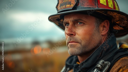 Firefighter in gear, looking intently ahead, with a blurred background and soft, ambient lighting