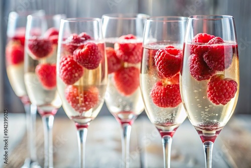 Refreshing effervescent raspberry champagne in clear flutes