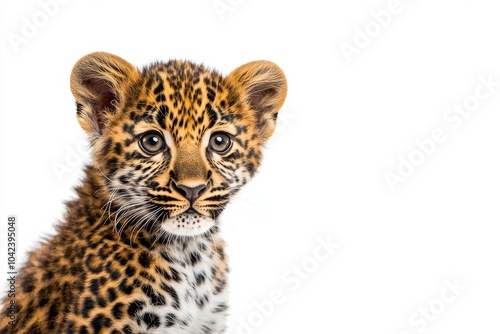 Mystic portrait of baby Indian Leopard in studio, copy space on right side, Headshot, Close-up View, isolated on white background