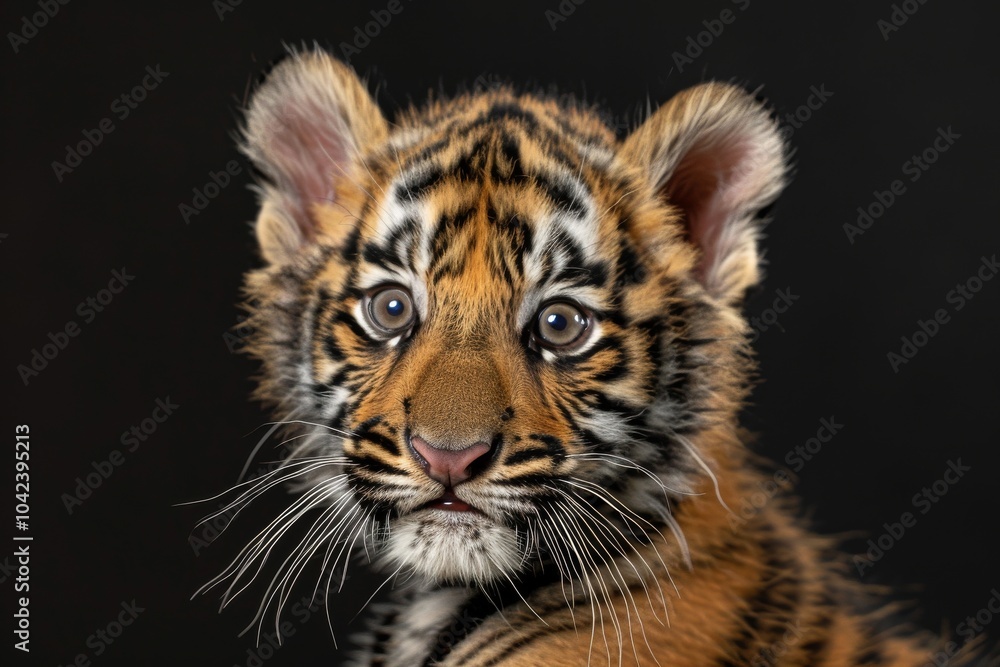 Obraz premium Mystic portrait of baby Indochinese Tiger in studio, copy space on right side, Headshot, Close-up View, isolated on black background