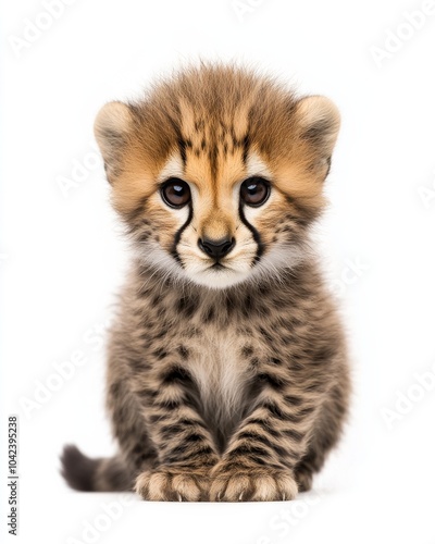 Mystic portrait of baby Iranian Cheetah, copy space on right side, Headshot, Close-up View, isolated on white background