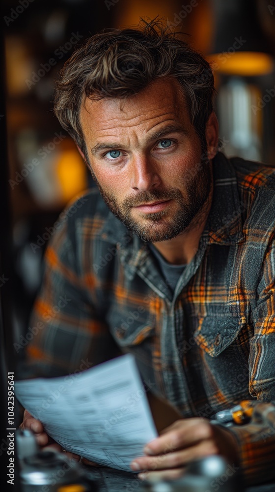 Obraz premium Man with a beard wearing a plaid shirt looks intently at the camera while holding a piece of paper