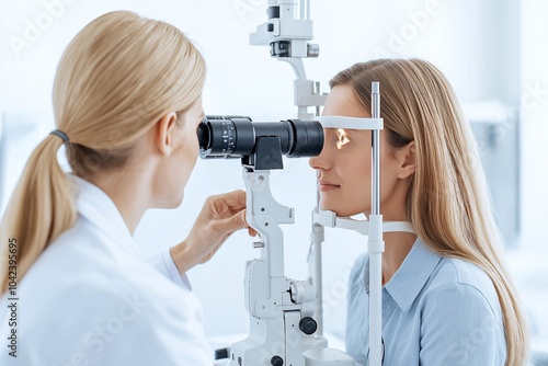 Optometrist conducts eye examination on a patient using slit lamp in a modern clinic. Professional healthcare and vision care service.